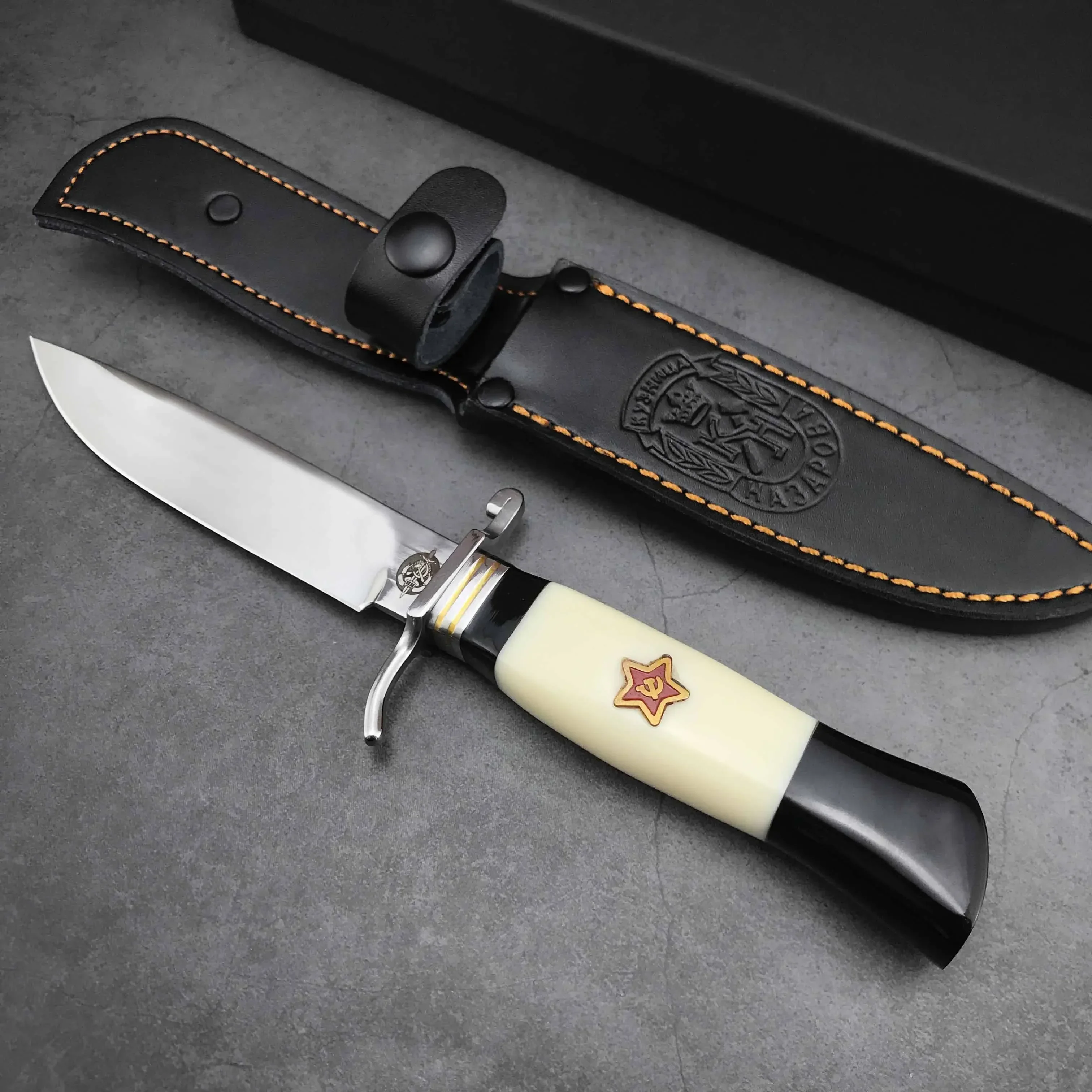 

Russian Finka NKVD KGB Wit Fixed Blade Knife With Leather Sheath 440C Blade Resin Handle Survival Hunting Outdoor Multi-Tools