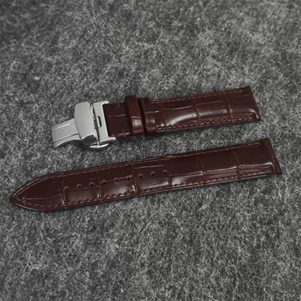 High Quality Genuine Leather Watch Strap 19mm Black/Brown Butterfly Double Buckle Watch Bands Replacement Accessories