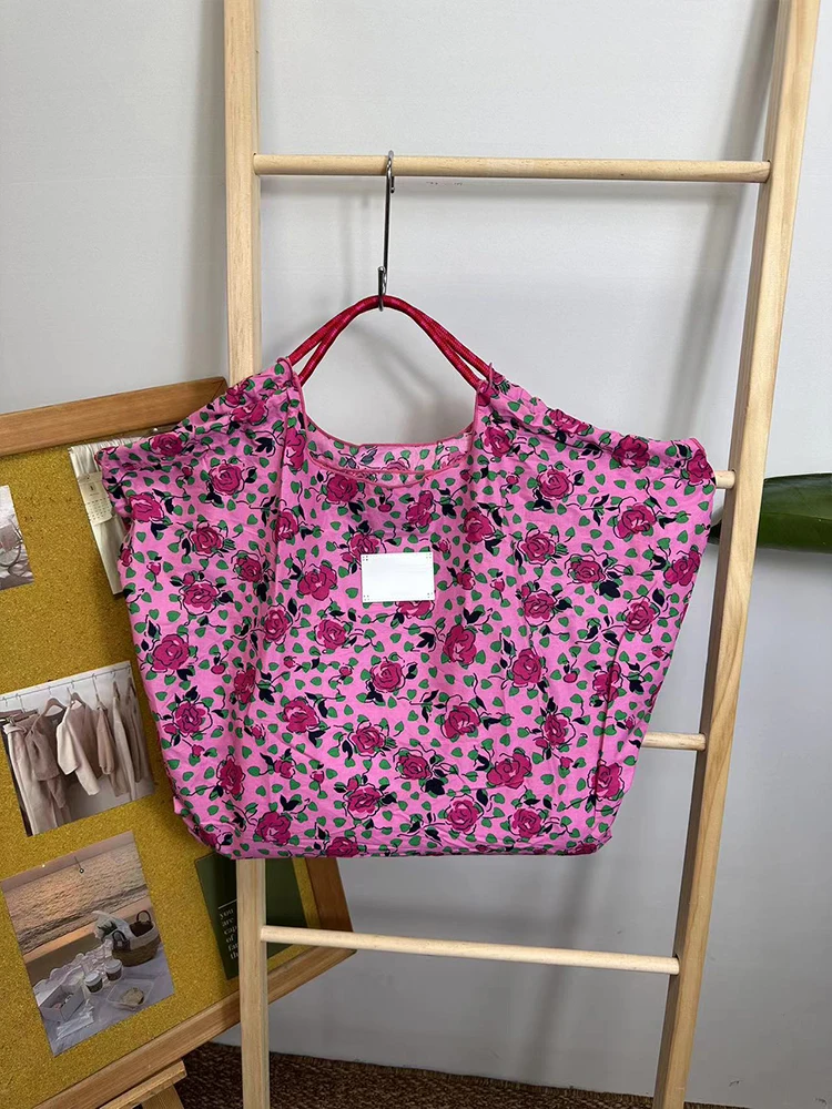 Japanese Rose Flower Shopping Bag Large Capacity Canvas Shoulder Bag Women's Eco-Friendly Foldable Tote