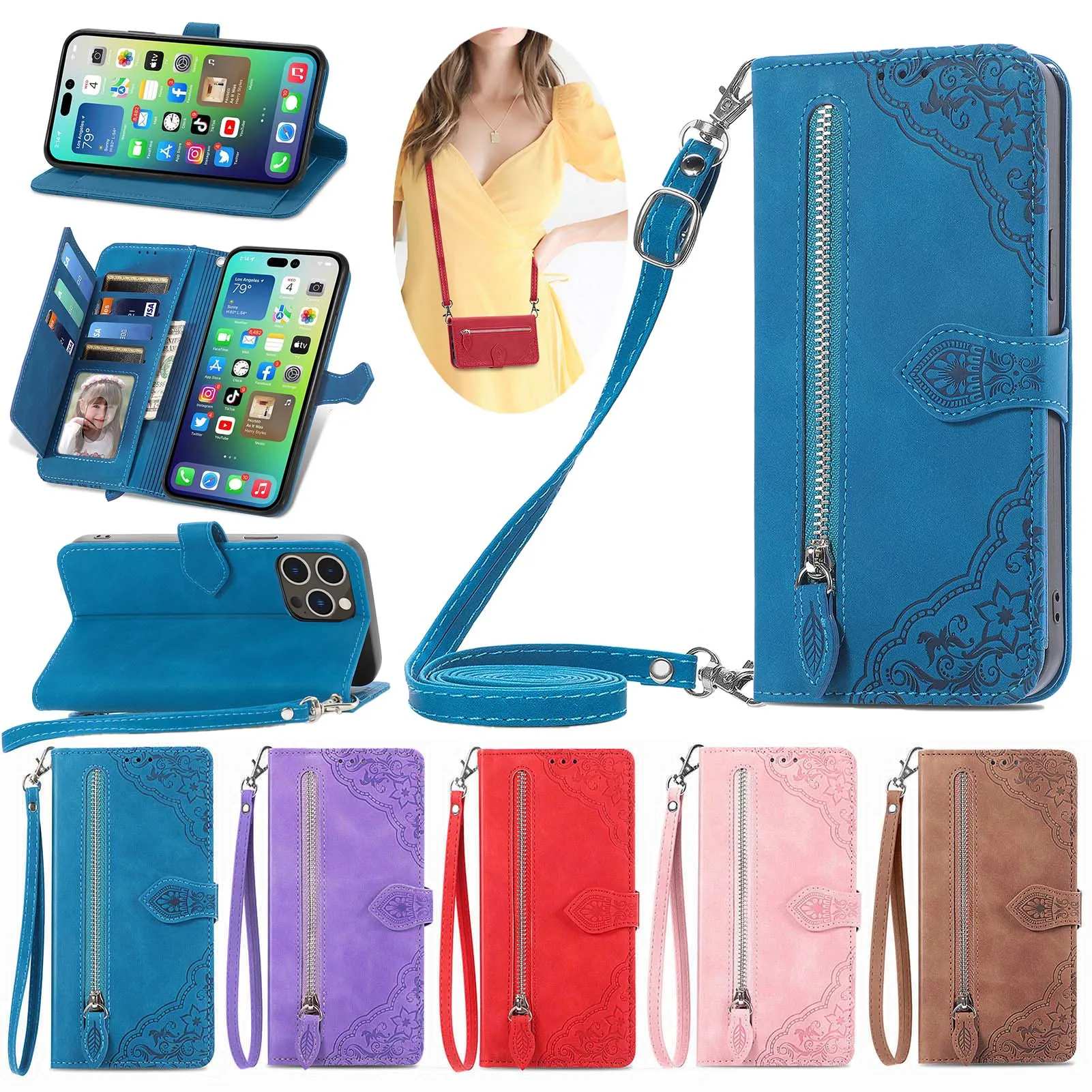 

Zipper Wallet Flip Case For Samsung Galaxy A10 A20 A30 A50 A70 A13 A23 A33 A53 A73 A03 Core A03S A04S Phone Cover Wrist Strap