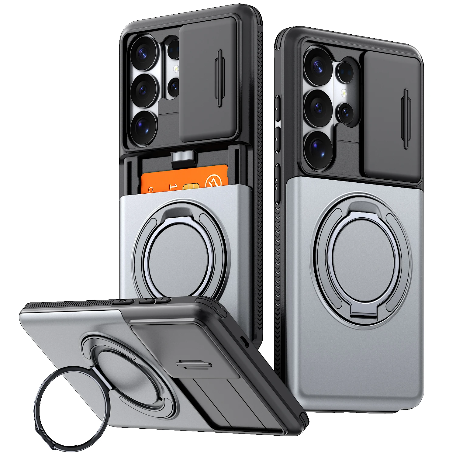 Enhanced Shockproof Protective Case with Slide Camera Cover, Rotating Ring Kickstand, and Card Holder