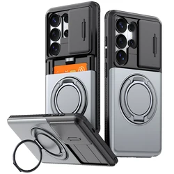 Enhanced Shockproof Protective Case with Slide Camera Cover, Rotating Ring Kickstand, and Card Holder - Samsung S26 Ultra (Grey)