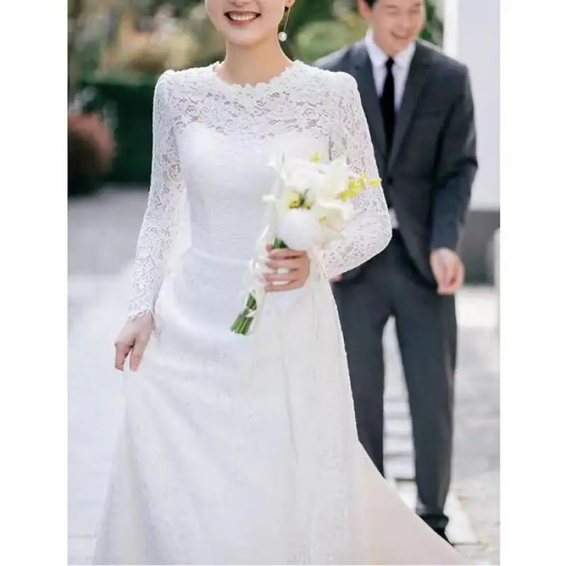Soft Lace Wedding Dresses Classic O-neck Bridal Dress With Long Sleeve New Elegant A Line Simple Vestidos De Novia Customized 3
