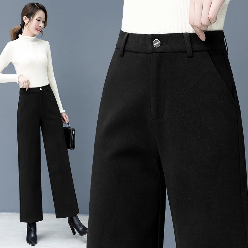Women Woolen Plaid Loose Casual Wide Leg Pants Ladies Elegant Streetwear High Waist Trousers Female Korean Straight Leg Pant