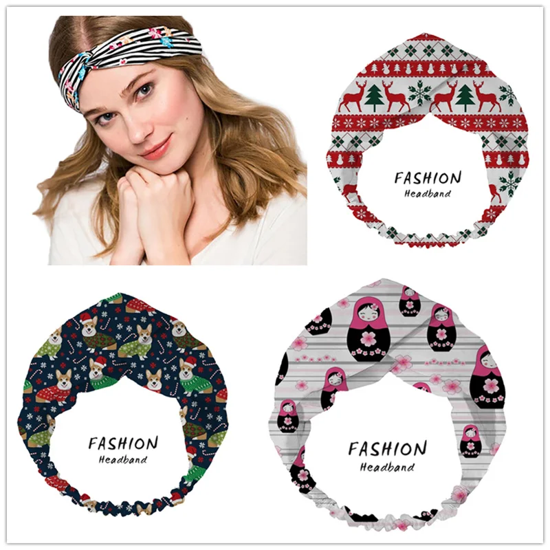 Women Girls Christmas Bohemian Hair Bands Print Headbands Retro Turban Bandage Bandanas HairBands Hair Accessories Headwrap
