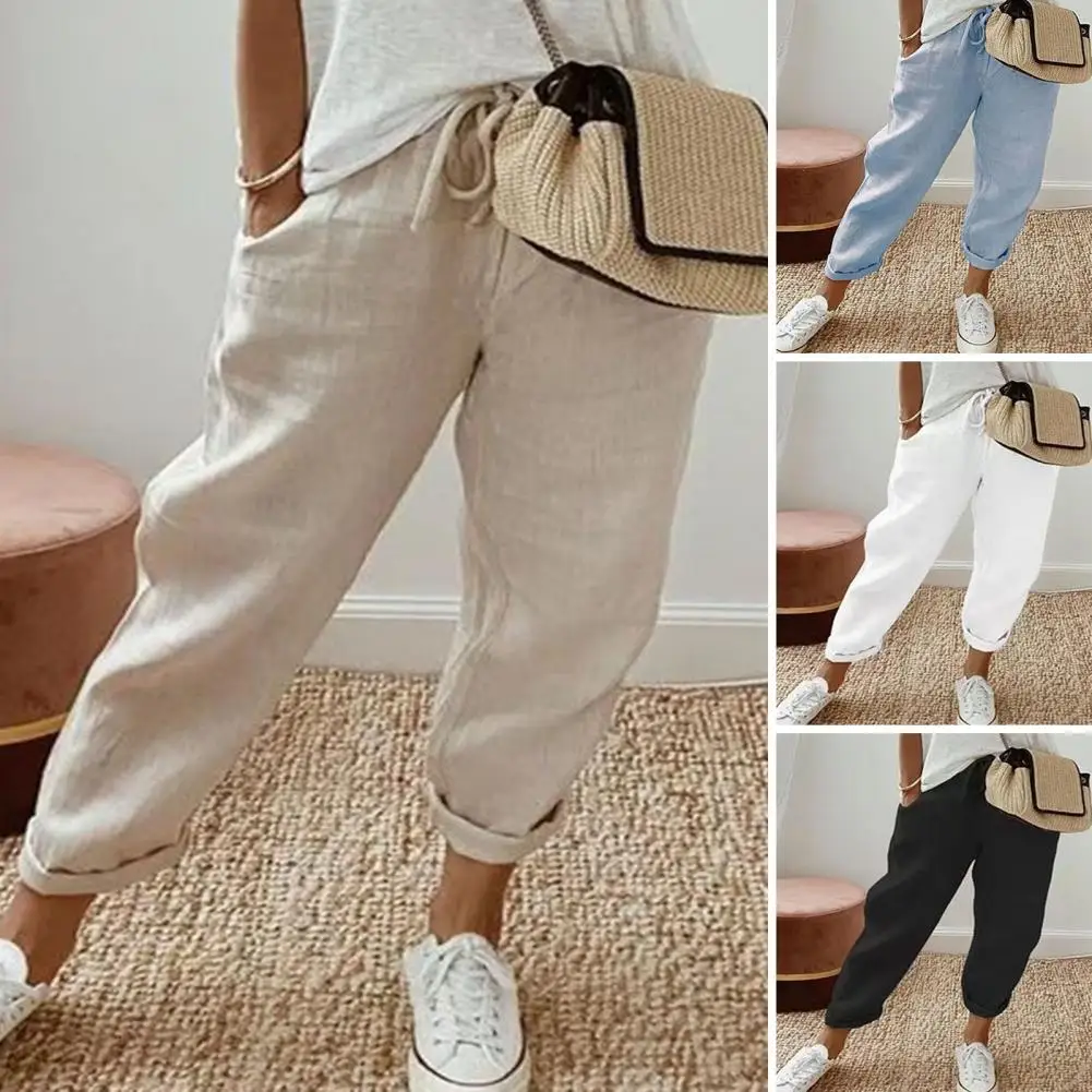 

Lady Summer Pants Solid Color High Waist Casual Soft Daily Wear Breathable Drawstring Lady Trousers Female Clothes 여성 여름 롱 팬츠