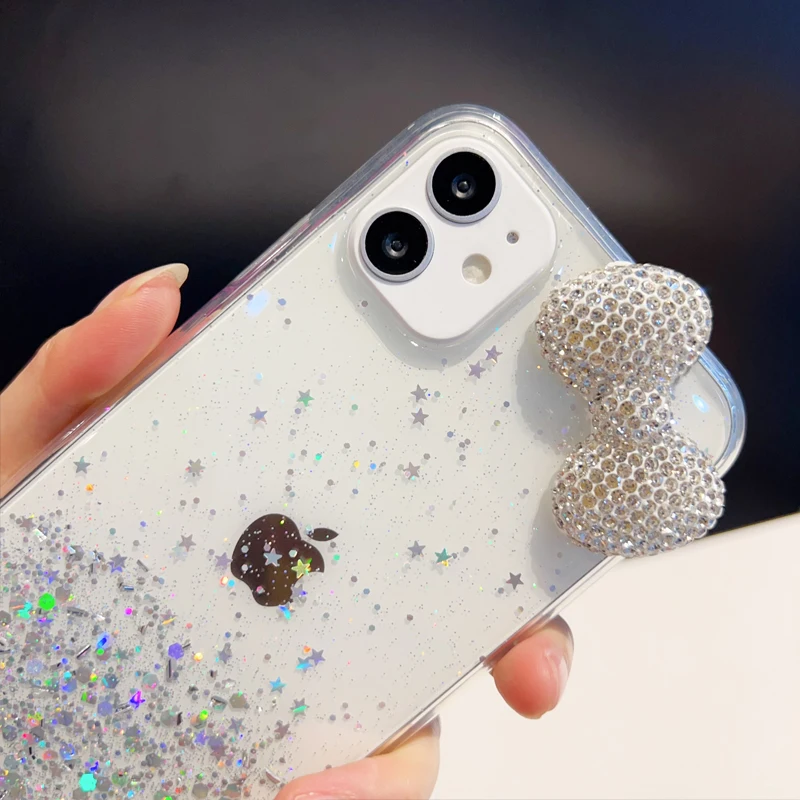 Rhinestone Bow Litchi Glitter Transparent Phone Case For Samsung Galaxy S25 S24 S23 S22 S10 S20 S21 FE Note 20 Ultra Soft Case