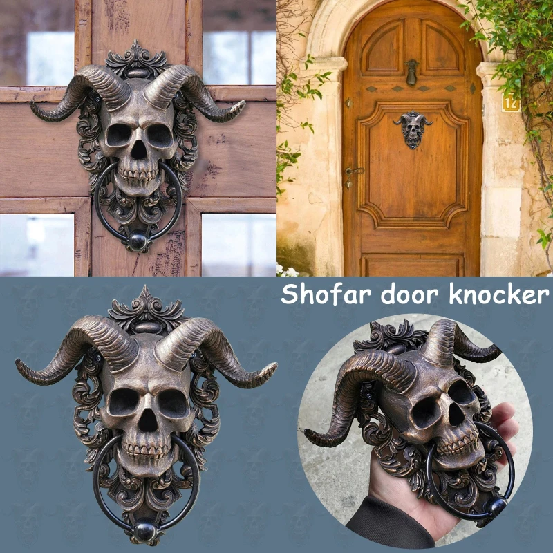 Description Picture 5 of itemSkeleton Head Door Knocker Decor Resin Goat-headed Figure Hanger Resin Punk Satan Skull Sheep Head Statue Wall Pendant Crafts
