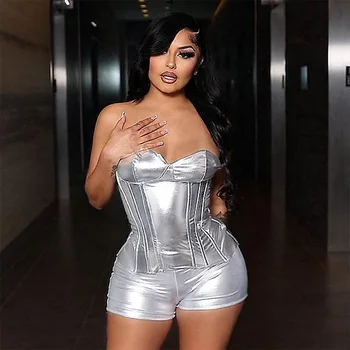 2 Piece Shiny Metallic Corsets Top and Shorts 2