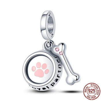 Pet Paw Print & Bone Dangle Charm Authentic 925 Sterling Silver Bead
