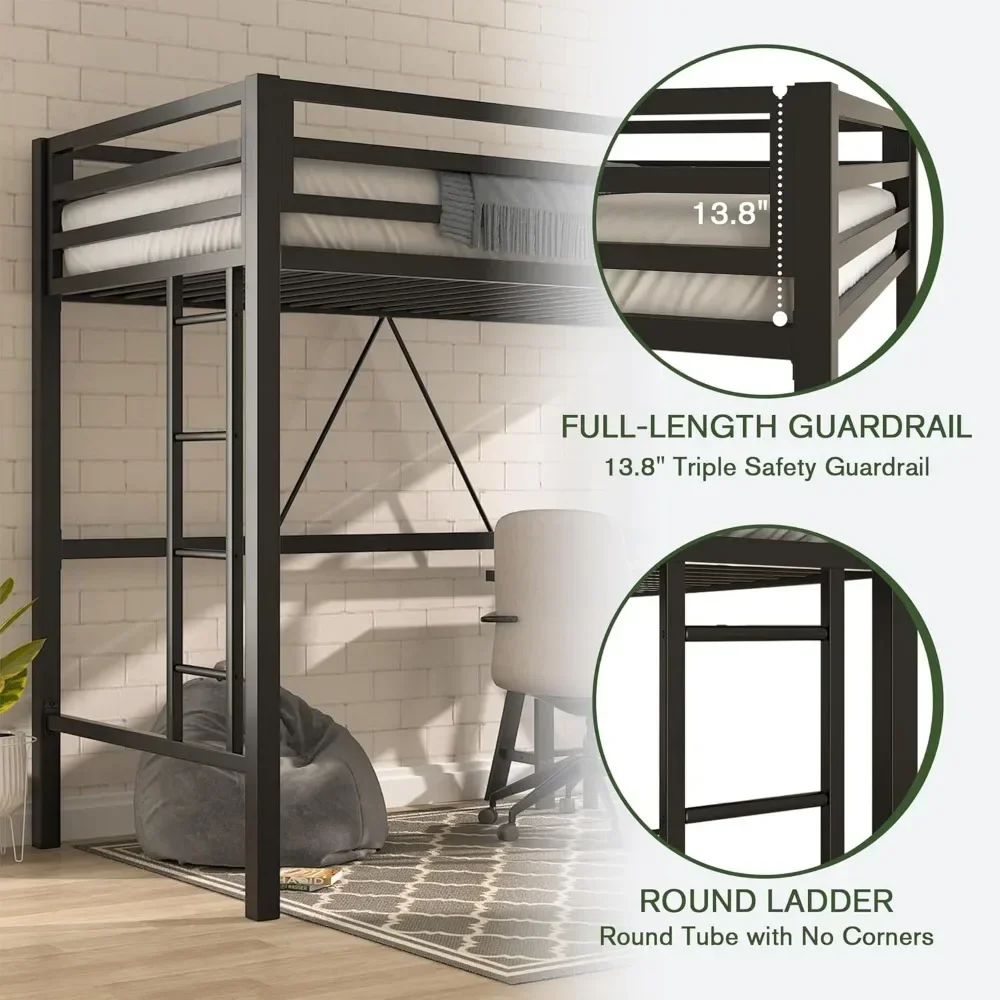 Bunk Beds Loft Bed Frame for Juniors & Adults, Metal Loft Bed Twin Size with Safety Guardrail & Removable Ladder,  Toddler Bed 2