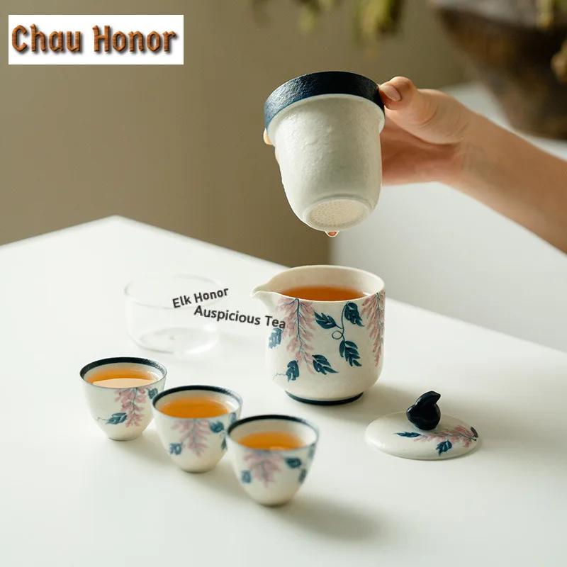 Hand-painted Wisteria Flower Travel Tea Set Kit Luxury 1 Pot 3 Cups Tea Brewing Organizer Portable Picnic Handbag Supplies Gift