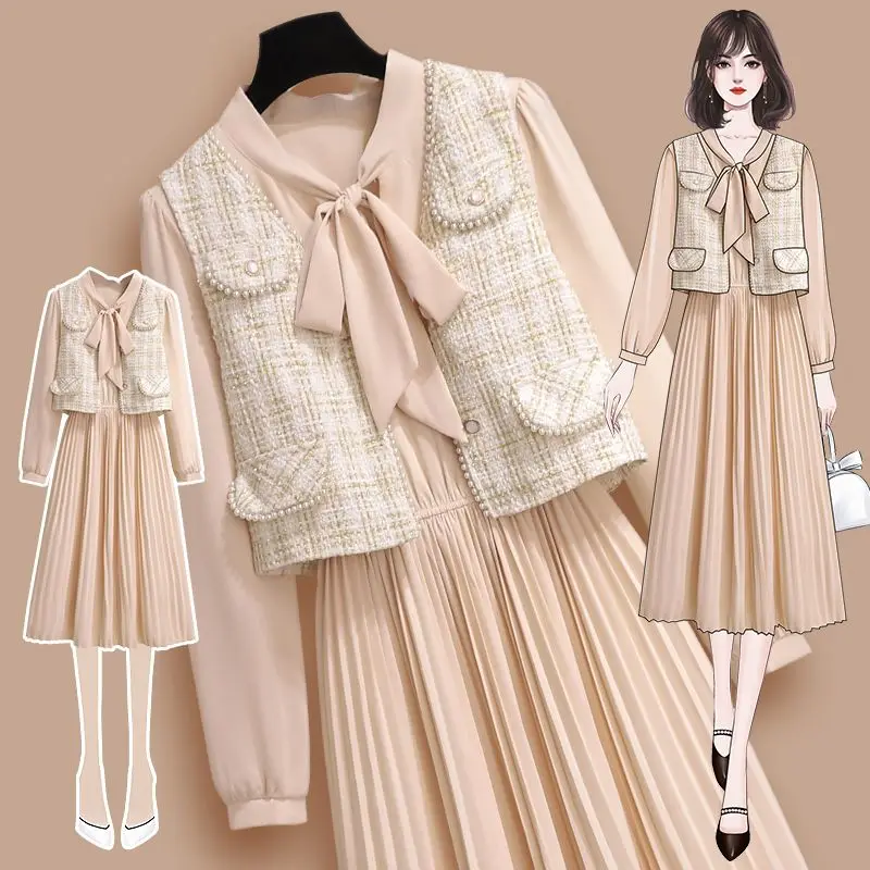 Xiaoxiangfeng Spring Autumn Outfits Women's Early 2023 New Elegant V-neck Vest Tea Break French Style Dress Two Piece Set