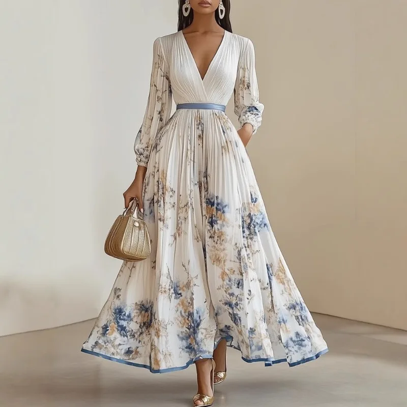Elegantes böhmisches Damen-Korsettkleid, Y2K, sexy Blumendruck, lange Laternenärmel, V-Ausschnitt, plissiertes Urlaubs-Partykleid