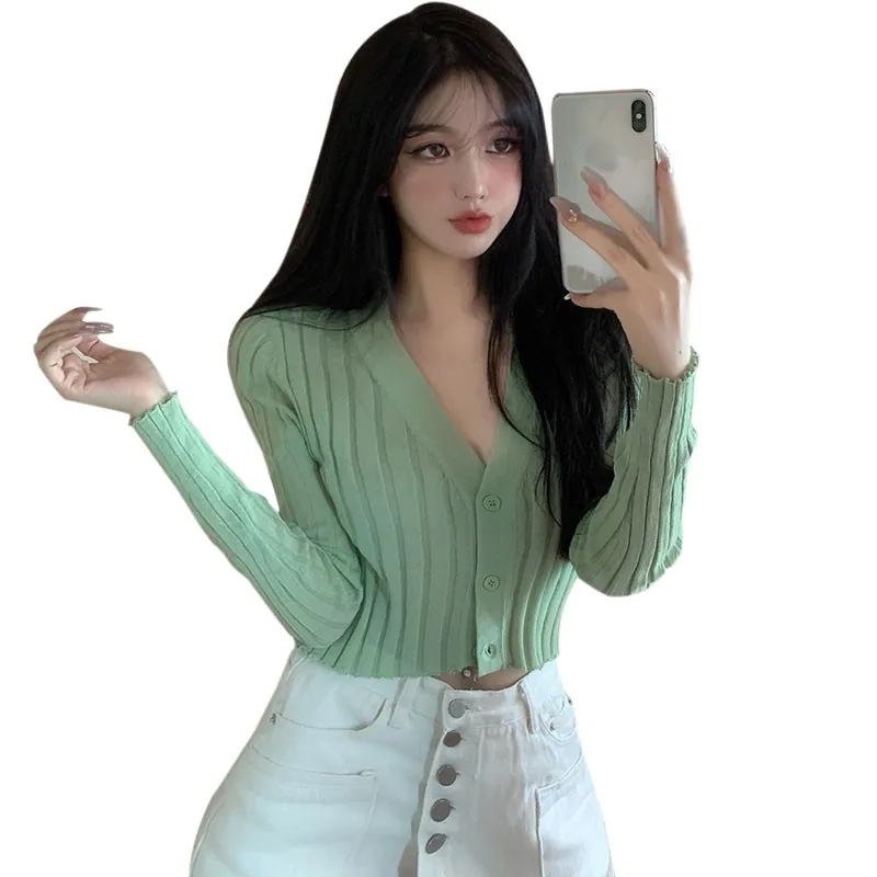 여성용 V넥 긴팔 단추 업 니트 가디건 스웨터, 섹시한 티셔츠