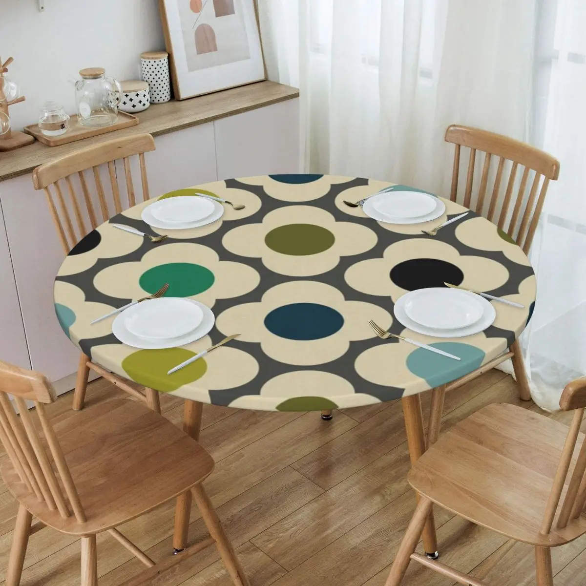 

Round Waterproof Orla Kiely Flowers Abstract Table Cover Elastic Geometric Table Cloth Backed Edge Tablecloth for Picnic