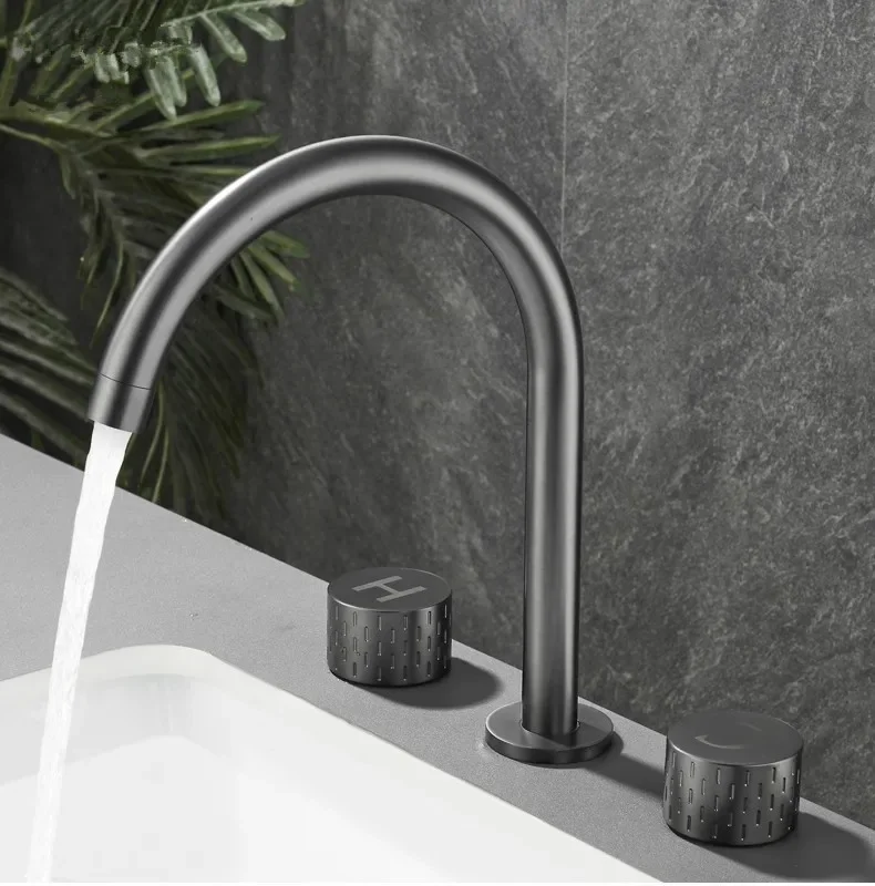 Description Picture 3 of itemBrushed Gold Basin Faucet Brass Gray Widespread Bathroom Black Sink Faucets 3 Hole Hot And Cold  Chrome Water Tap