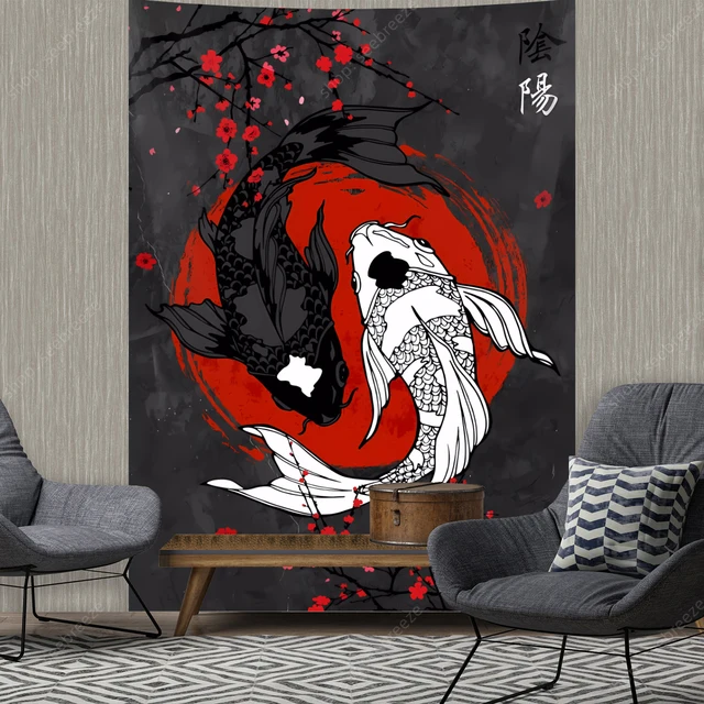 Tapisserie de poisson japonais Yin Yang Koi, rouge et noir, tapisserie d'art cerise, décor de chambre Hippie, décoration murale esthétique Boho pour la maison 5