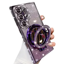Fashionable Luxury Diamond Glitter Stand Mirror Magnetic Phone Case - Galaxy S23 Ultra (PURPLE)