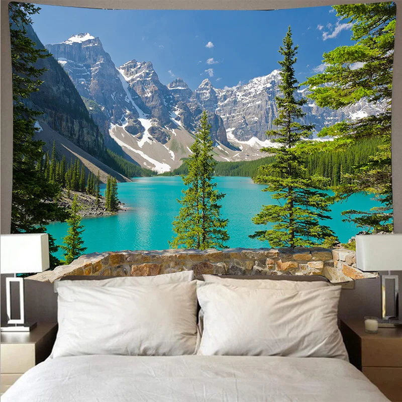 thumbnail image 1 of Tapiz de montaña, bosque, lago, paisaje natural, arte colgante de pared, manta fina de poliéster para techo, decoración del hogar, 1 of 5