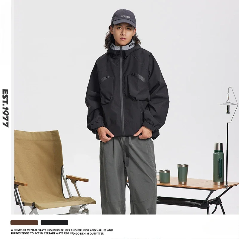 American Retro Color Clashing Outdoor Punching Jacket Hiking Coat Men's Japanese Large Pockets Casual Hooded Jacket Men Clothing