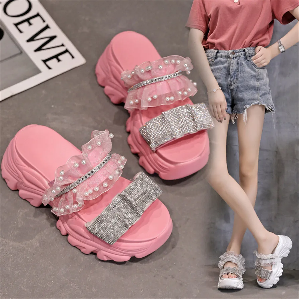 

Summer Bling Slippers Women's Chunky Sandals 2024 Fashion 7CM Wedges Platform Shoes Ladies Open Toe Beach Flip Flops Black Pink
