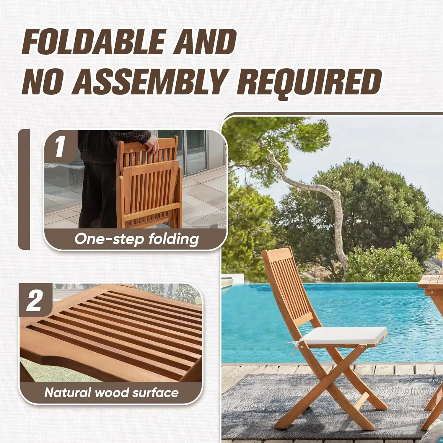 Outdoor 3 Piece Folding Patio Bistro Set Acacia Wood Bistro Table and Chairs Set of 2 for Garden Poolside Backyard Balcony Porch