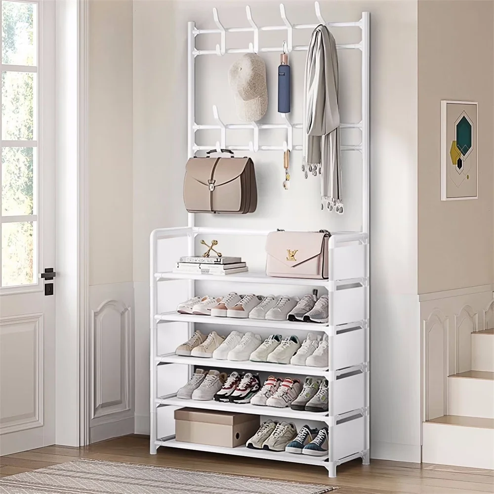 Upgraded Coat Hat Stand with 8 Hooks Metal Shoe Rack Doorway DIY 5 Tiers Shoes Shelf Floor-Standing Living Room Storage Racks