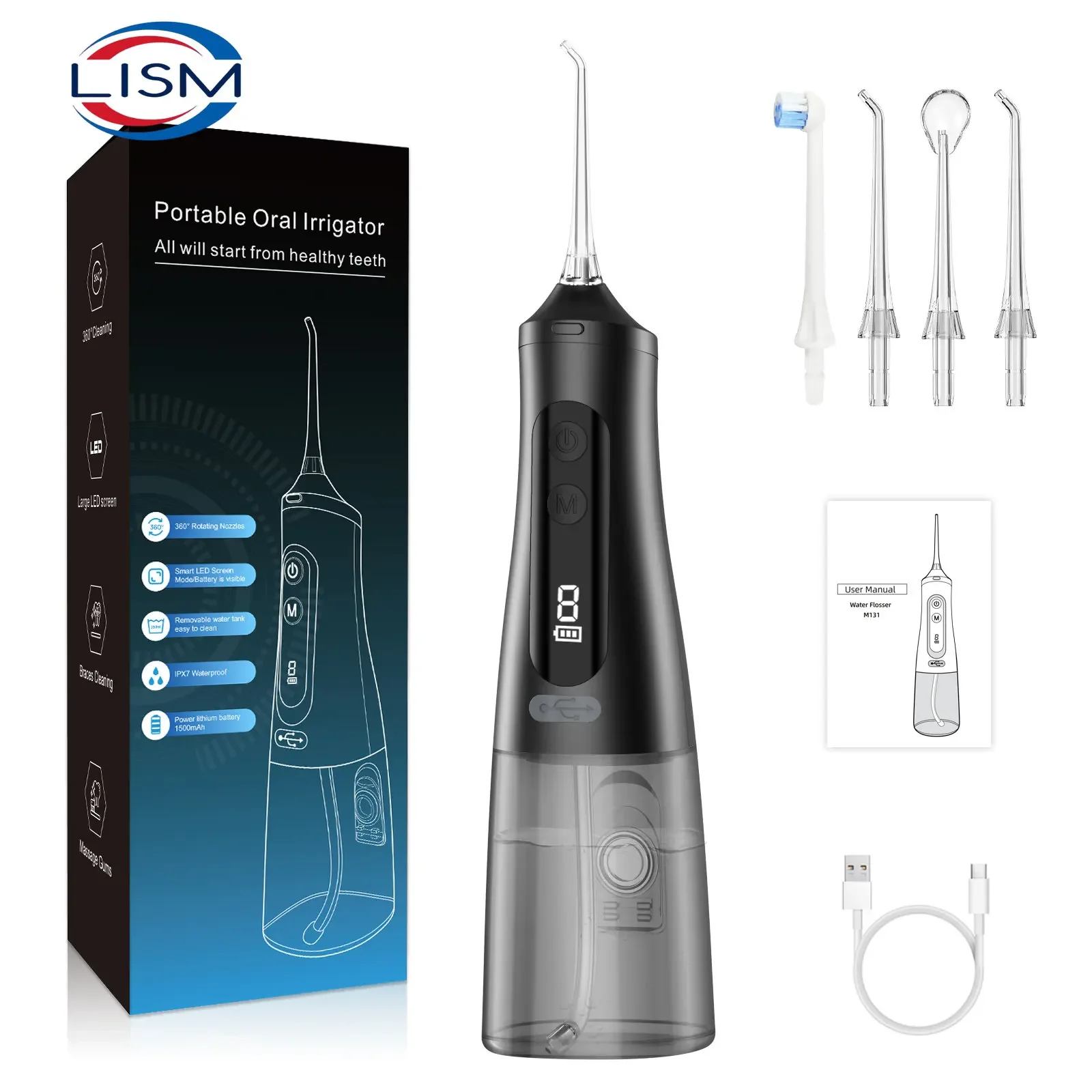 LISM 구강 세정기, USB 충전식 물 치실, 휴대용 치과 워터 제트, 310ml 물 탱크, 방수 치아 클리너