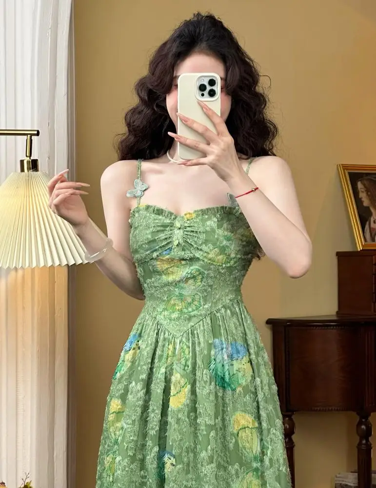 Summer New Floral Printed Spaghetti Strap Midi Dleevees for Women High Waist Holiday Style Korean Fashion One Piece Vestido