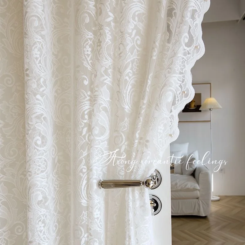 Cortinas de tul blanco de princesa para sala de estar, dormitorio, encaje transparente claro con perlas, elegante, transparente, decoración del hogar