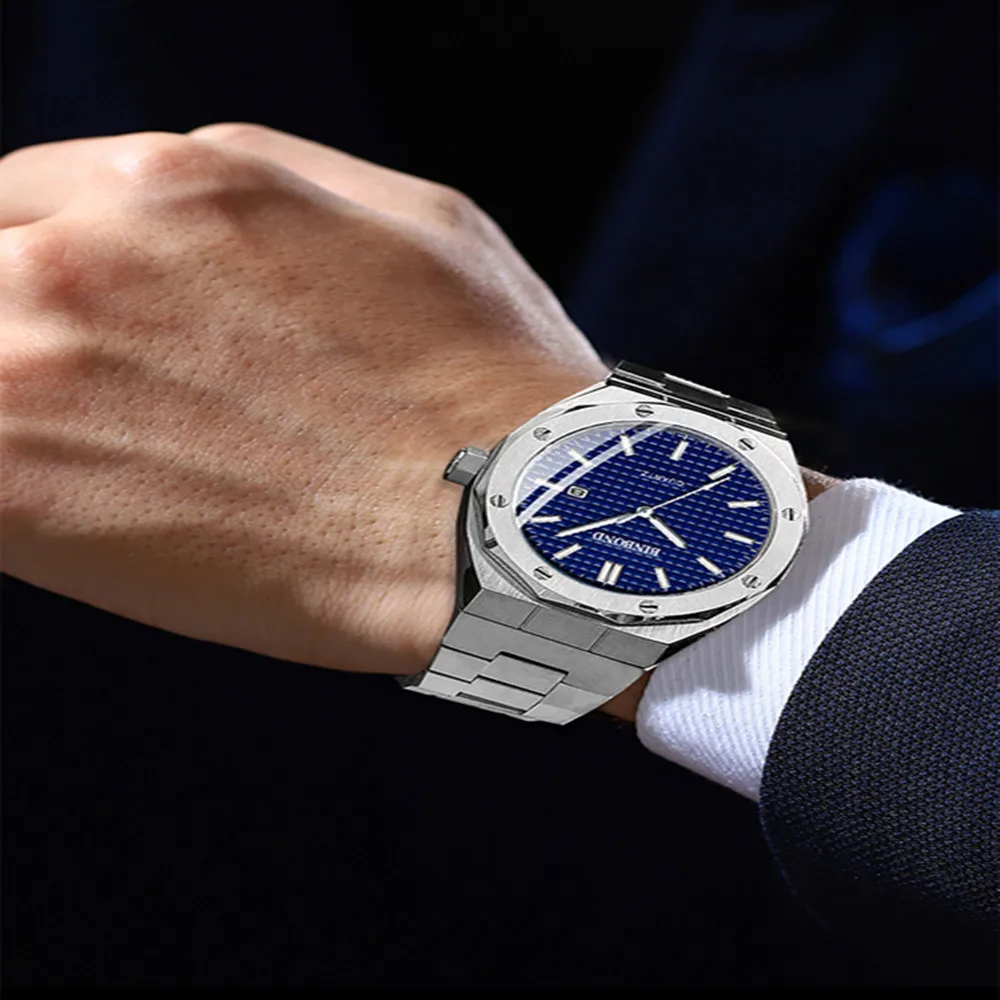 BINBOND Fashion Men's Alloy Strap Watch with Octagonal Screw Design and Quartz Movement