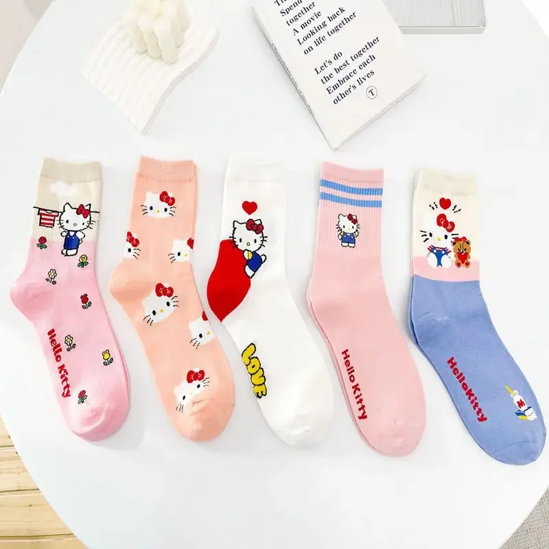 Sanrio Kawaii Anime Cartoon New Pink Plaid Medium Tube Socks Women's Ins Style Versatile Cute Hello Kitty Socks Cotton