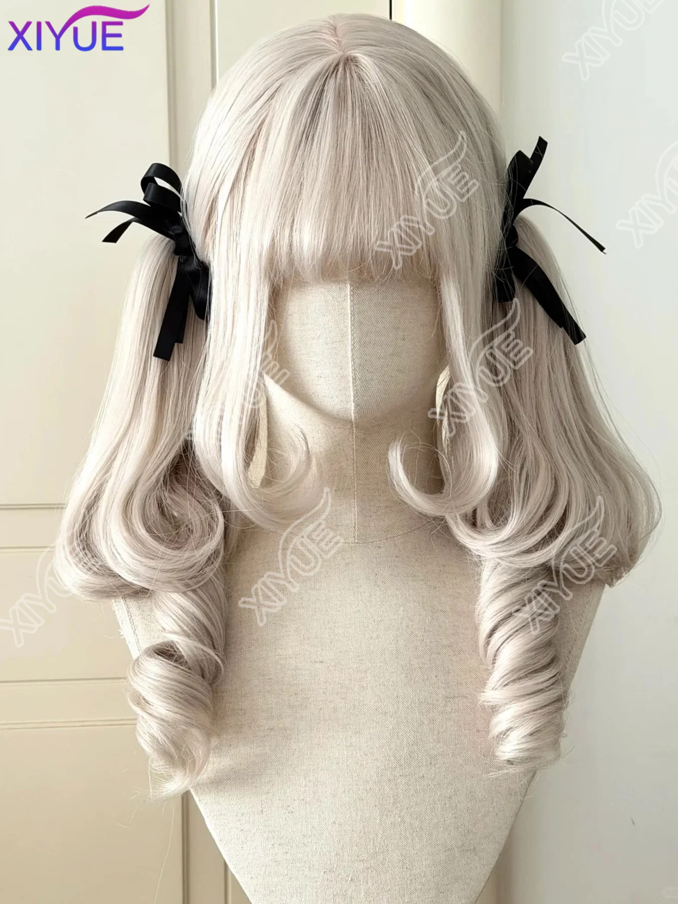 XY Lolita, a drooping eared rabbit Synthetic Lolita Curly Hair With Bangs silvery white Anime Wig Oberl Woman Party Cosplay Wig