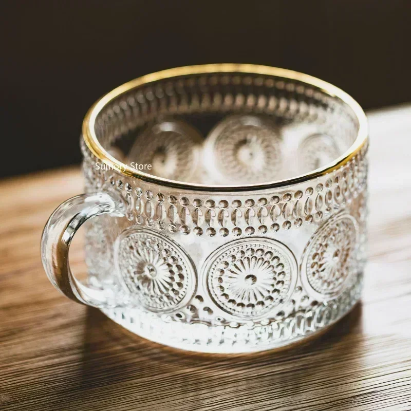 Nordic Style Retro Embossed Glass Cups Sunflower Transparent Coffee Cup Pearl Milk Tea Cold Drink Juice Mug with Gold Line