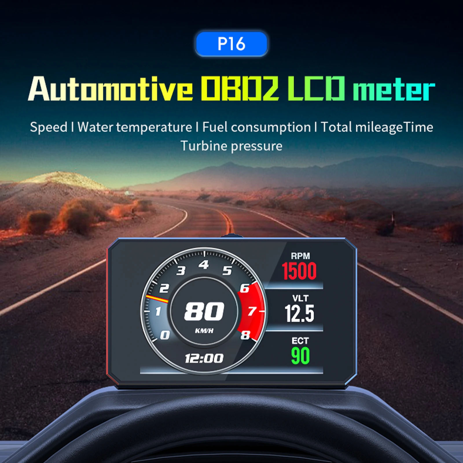 OBDII HUD P16 스마트 디지털 미터 헤드업 대시보드 총 주행거리 속도계 전압 수온계 전압 ECT