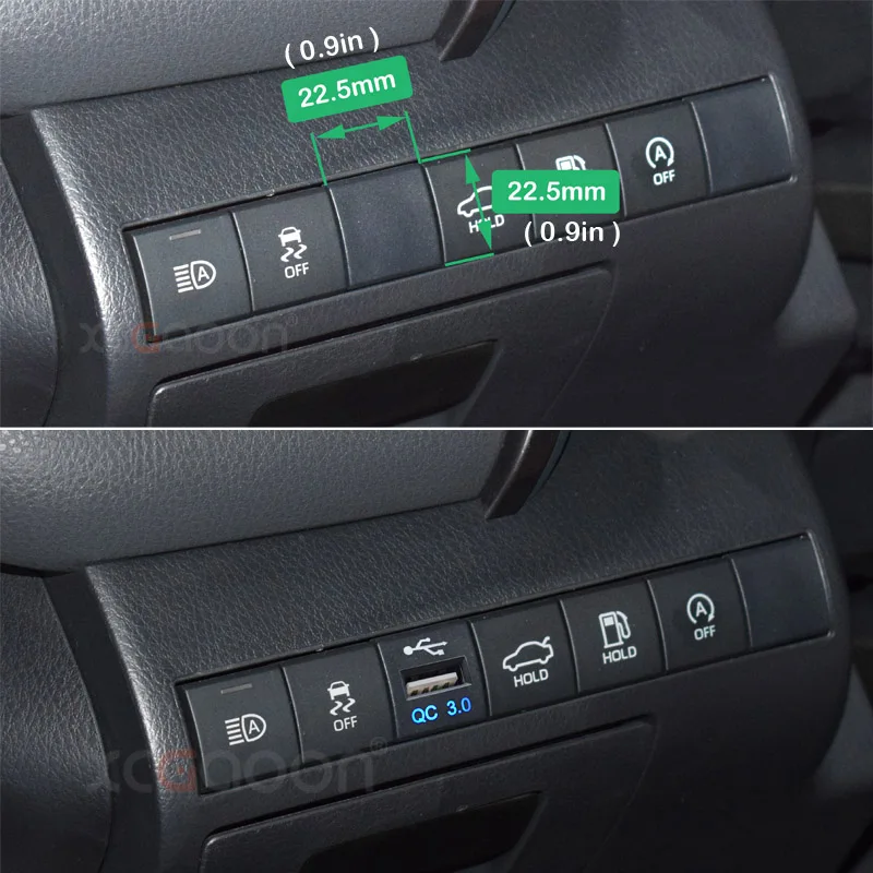 Фото 12 В 22x22 мм USB QC3.0 быстрое автомобильное зарядное устройство для Toyota Camry Corolla Rav4 Prado 2019 2020 2021 №2