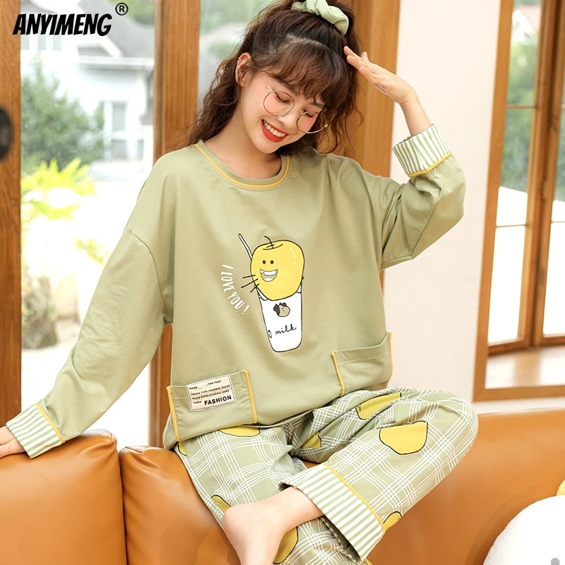 Pijamas Women 2 Piece Set Women 5XL Pajamas Set Cotton Autumn Winter Casual Kawaii Cat Printing Design Sleepwear for Yound Lady