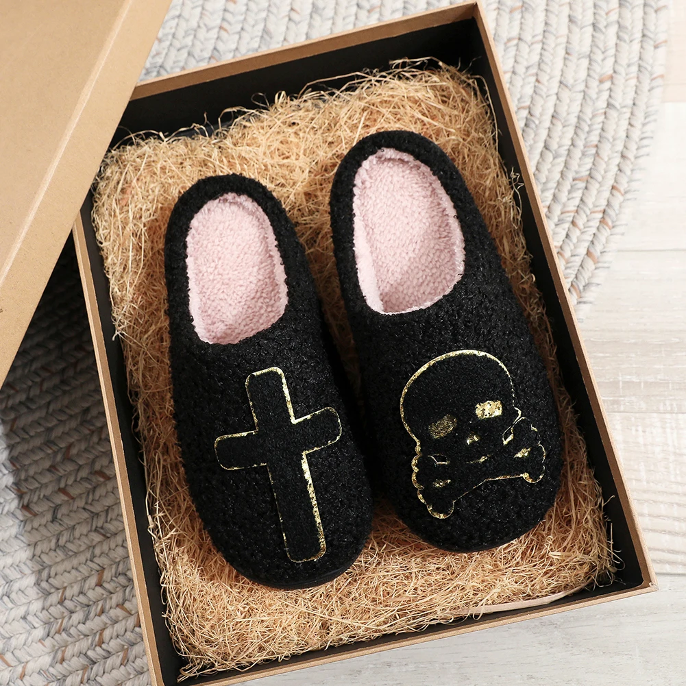 1 pair Cotton Fluffy Slippers Home Cartoon Pumpkin Platform Slides Couple Funny Halloween Casual Designer Shoes Women Indoor