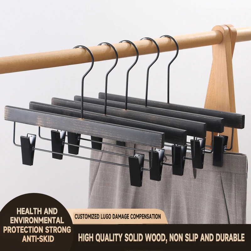 5pcs Black Iron And Wood Hangers With Adjustable Pants Clip For