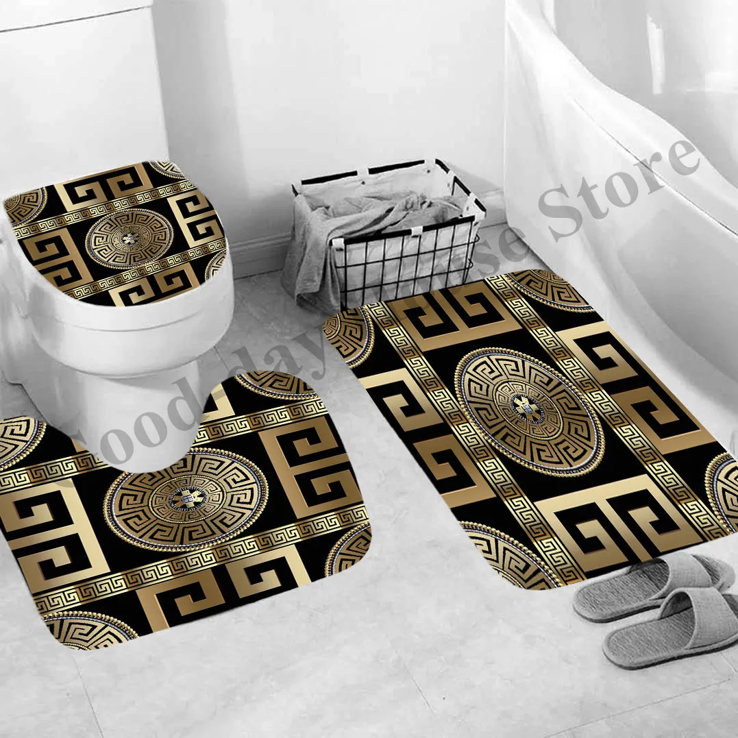 3D Luxury Greek Bathroom Curtains Shower Curtain Set Modern Geometric Ornate Red Rose Bath Rug Toilet Carpet Decor