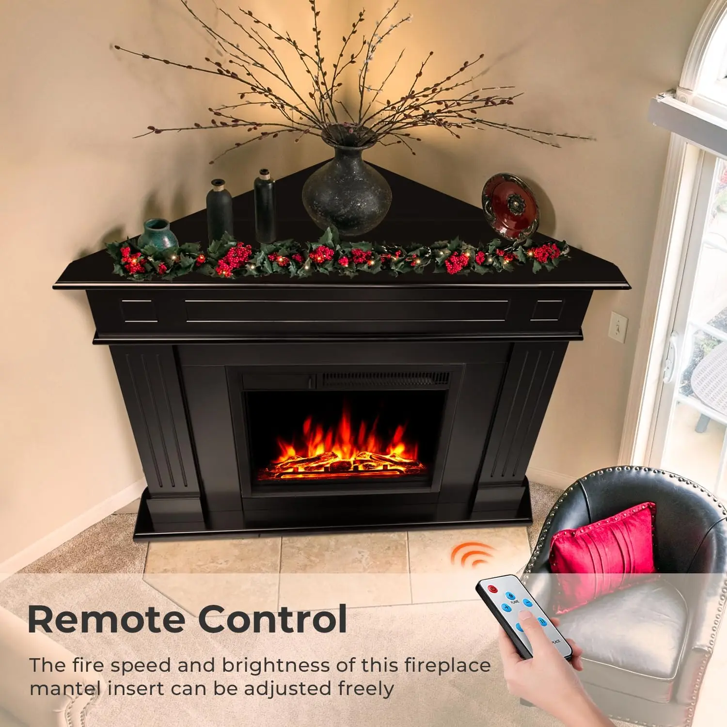 43” Corner Electric Fireplace Mantel Wooden Surround Firebox TV Stand with Freestanding Electric Fireplace Black 2