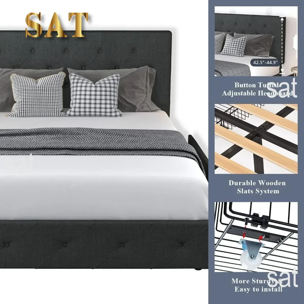 Upholstered Queen Platform Bed Frame, With 4 storage drawers and headboard, Diamond sewn button tufting, Base wood slat support
