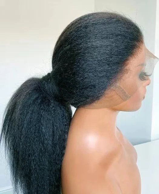 Kinky Straight Wig 180% Density Black Yaki Synthetic Lace Front Wig For Women Yaki Straight Hair Heat Resistant Fiber Kinky Afro