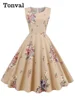 112749-28bc03.jpg Tonval élégant années 50 Robe rétro vêtements Pinup été Robe florale col rond sans manches femmes coton Vintage imprimé robes