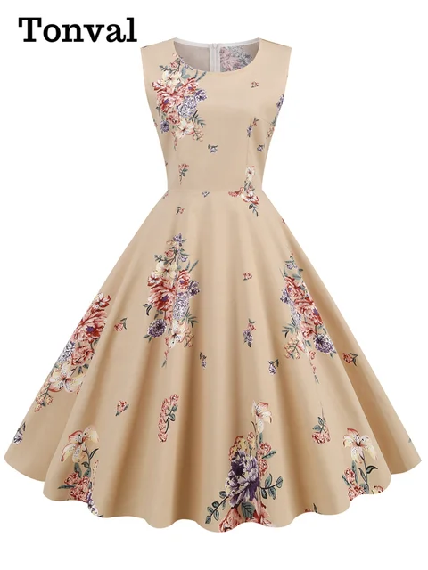 112749-28bc03.jpg Tonval élégant années 50 Robe rétro vêtements Pinup été Robe florale col rond sans manches femmes coton Vintage imprimé robes