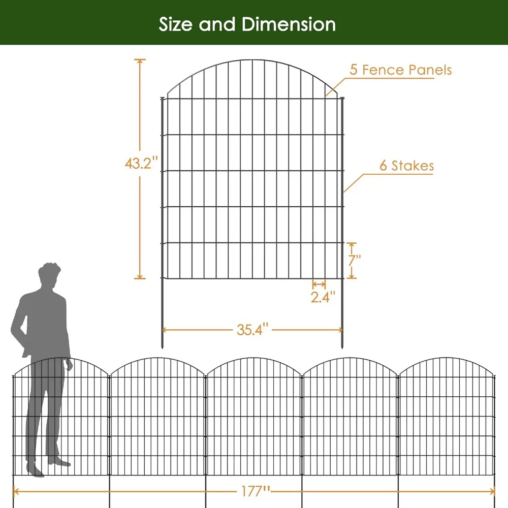 Decorative Metal Garden Fence Outdoor, No Dig Temporary Dog Fence Border Fencing for Yard Patio Landscape Flower Bed, Black