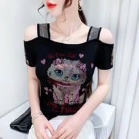 New European Clothes Ladies T-Shirt Fashion Sexy Off Shoulder Shiny Cartoon Mesh Diamond Tops Summer Short Sleeve Women Tees - Image 3