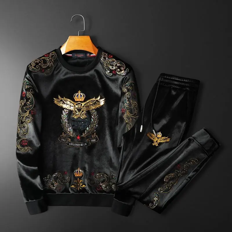 Winter plus velvet men's round neck casual suit fashion high-end embroidery crown eagle padded two-piece set 2