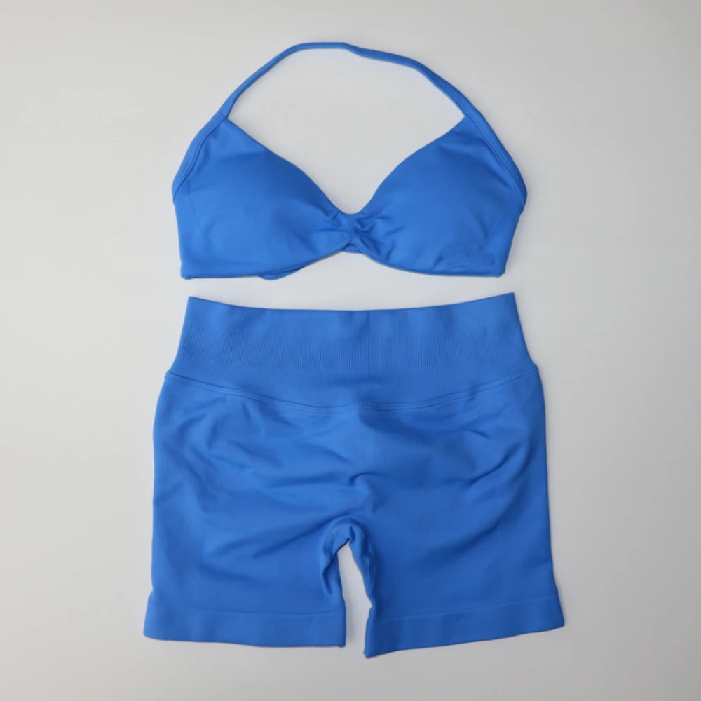 Sports Bra Set Gym Workout Set Yoga Set Fitness Set Sports Set Sportswear Set Impact Gym Set Women Strappy Yoga Bra High Waist Workout Scrunch Shorts Sports Suit Fitness Clothes Seamless Yoga Set 2 Piece